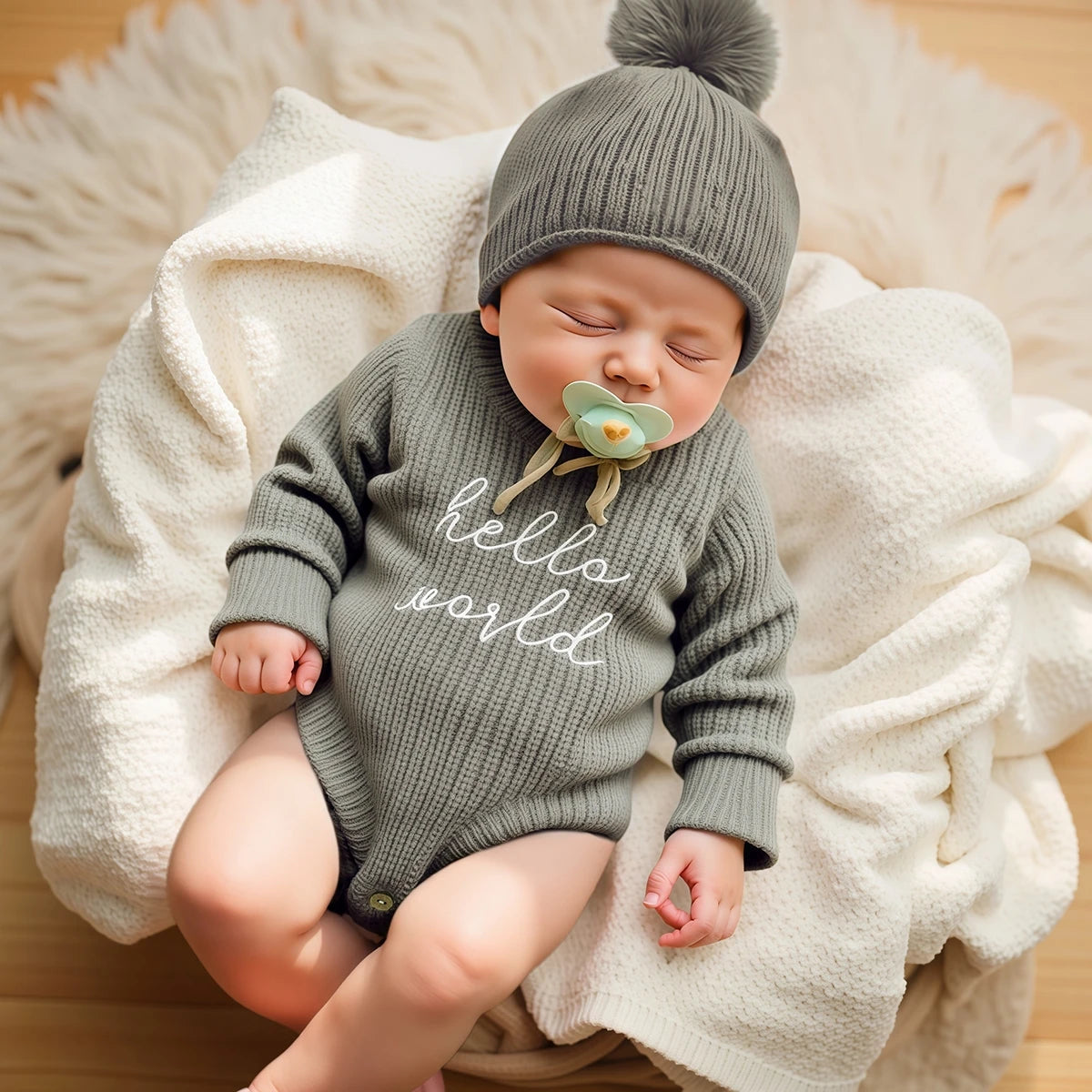 Barboteuse tricotée pour nouveau-né — chapeau à pompon assorti, pull bébé, tenues séance photo