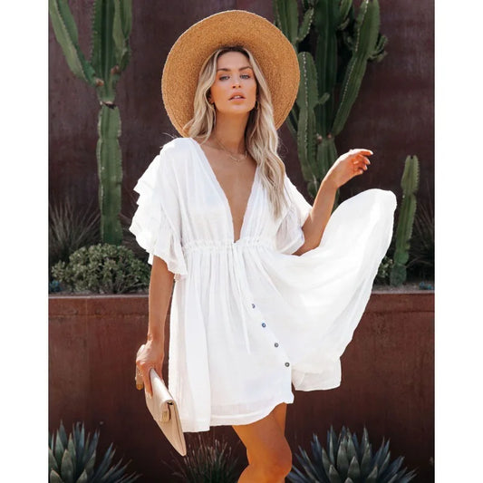 Couvrir les chemises De Plage blanches tunique Robe d'été femmes 2025 rayonne vacances dentelle découpé maillots De bain Robe De Plage Femme