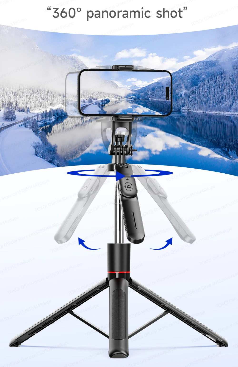 TOKQI — Bâton Selfie Extensible 360° Télécommande Bluetooth & Lumière Optionnelle