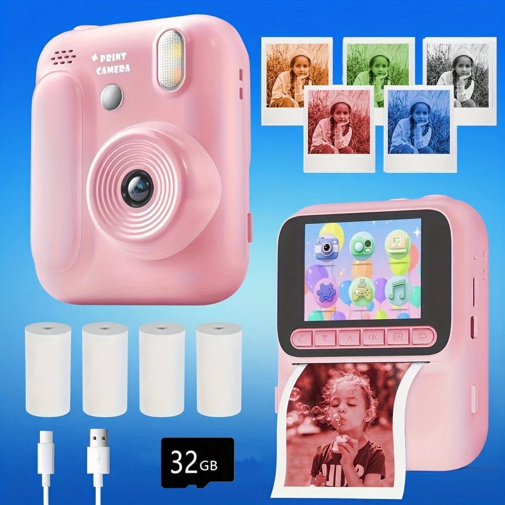 Instant Camera for Kids, Color Printing, 32GB, 1080P, Thermal Print Toy, Photo, Video Games, Music, Children's Gift