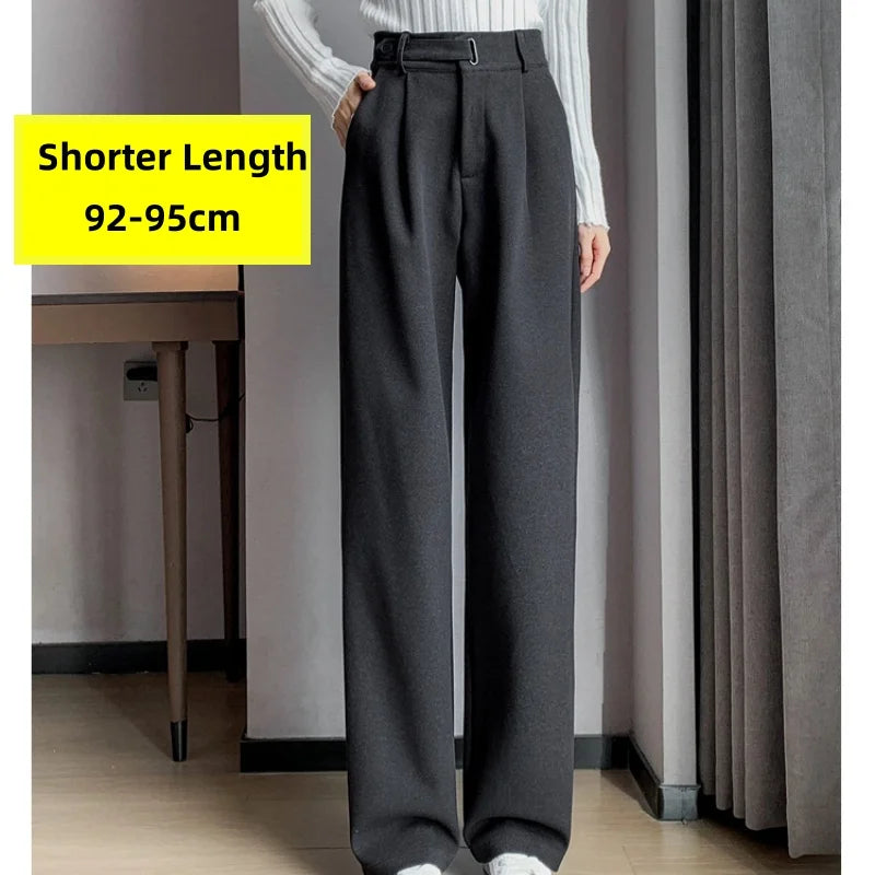 Pantalon en laine épais à jambe large pour femmes — décontracté, taille haute, bouton, chic, automne-hiver 2025