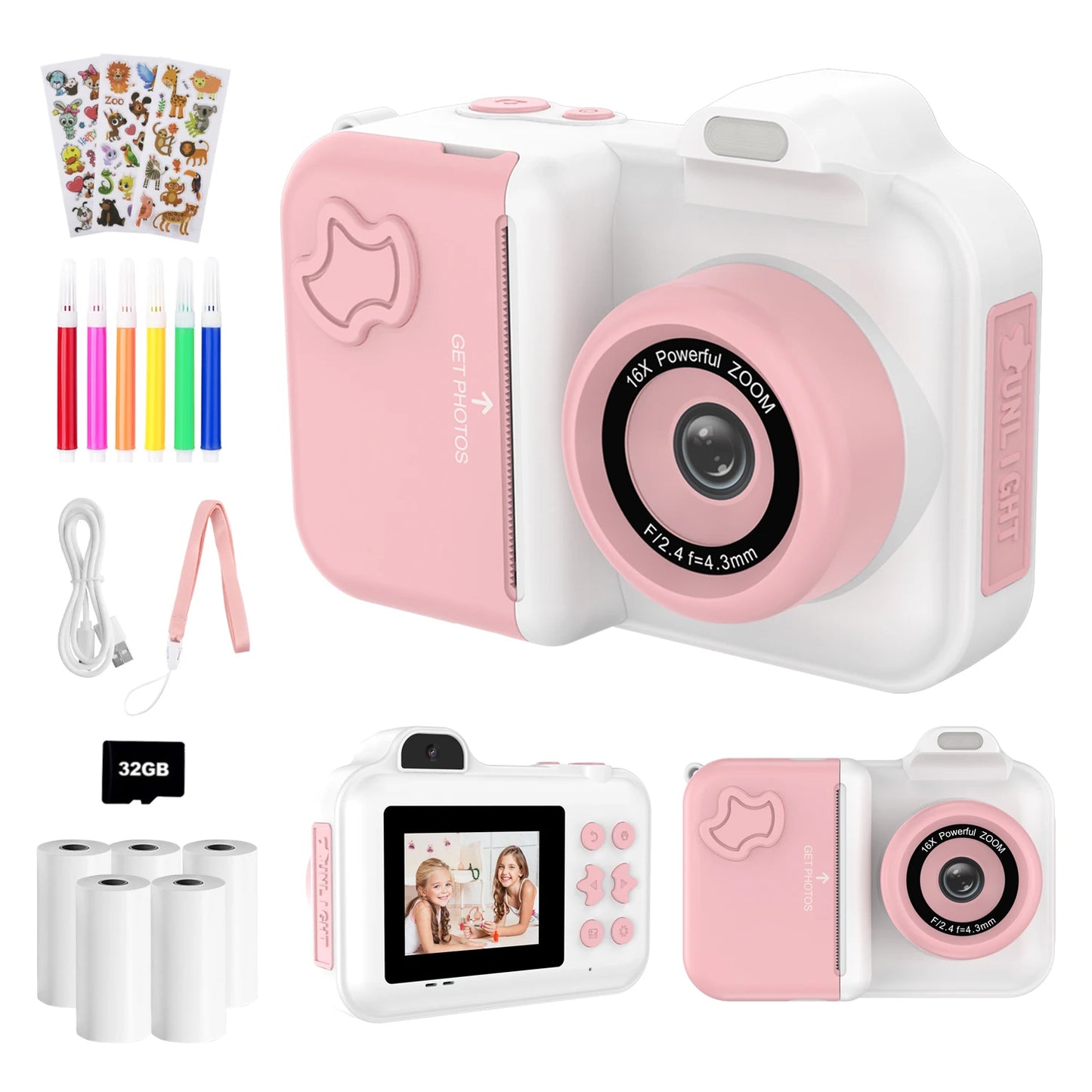 Appareil photo numérique à impression instantanée pour enfants, stylos à documents pour enfants, papier d'impression thermique, jouets cadeaux de Noël pour garçons et filles, 32G