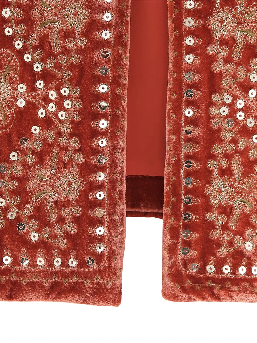 Chaleco bordado negro Vintage con estampado Floral para mujer, sin mangas, frente abierto, corto, versátil, ropa de abrigo y2k, cárdigan Boho corto
