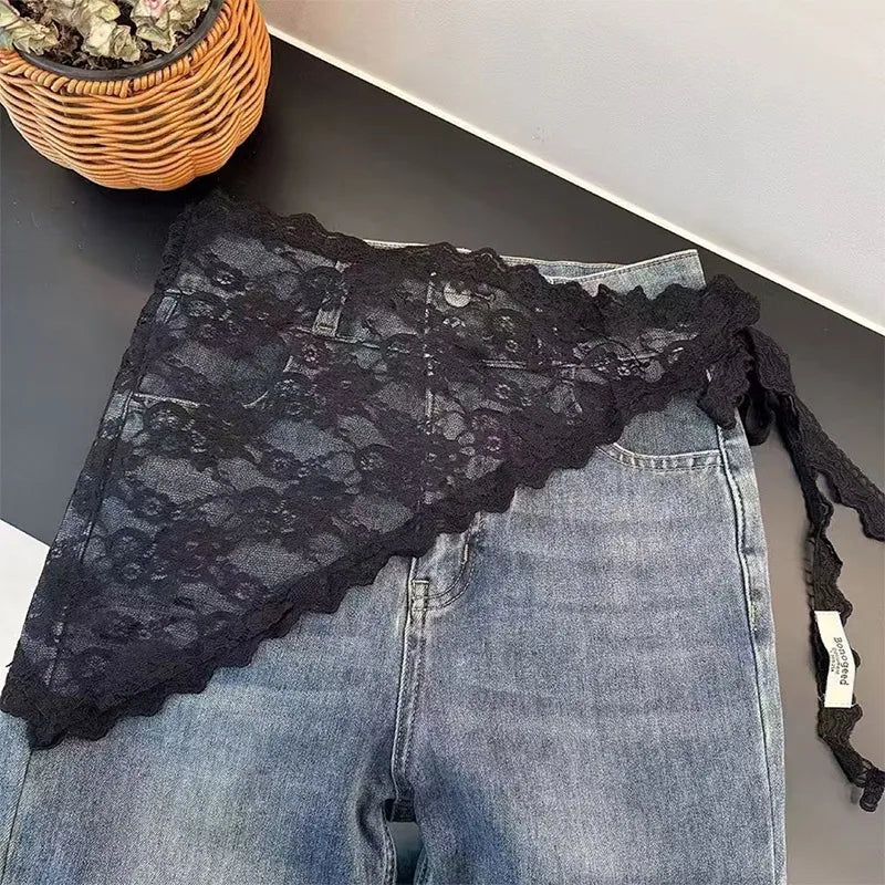 Jupe courte triangulaire 2 en 1, demi-jupe, rideau de fesses, tablier à garniture en dentelle, dentelle douce empilée, foulard de Style coréen pour femmes