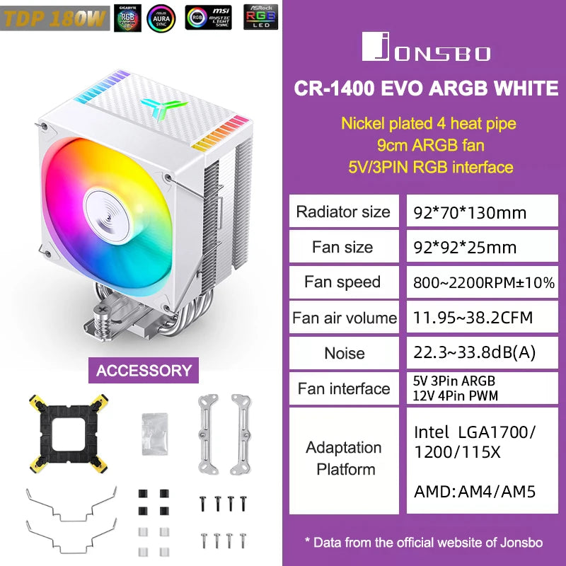 JONSBO CR1400 EVO refroidisseur de processeur 4 HeatPipes ARGB PWM processeur radiateur d'air ventilateur silencieux pour LGA1700 1200 1151 1150 AM4 AM5