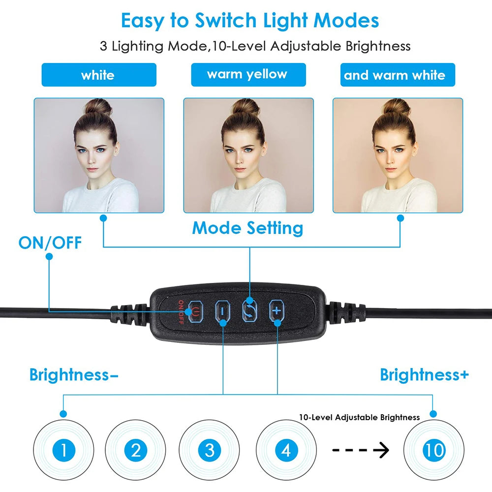 Anneau Lumineux LED Selfie 26cm 120 Perles avec Trépied — Kit Éclairage USB Vidéo