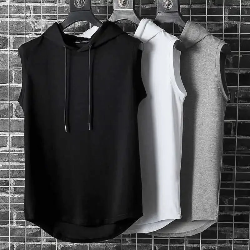 Men Tie Collar Hooded Sleeveless Vests Male Summer Loose Solid Hip Hop T-shirt Tops