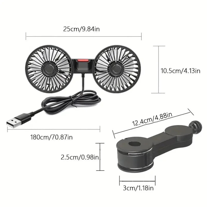 Ventilateur de voiture 360 °   Ventilateur de refroidissement arrière de siège de voiture à 3 vitesses, Charge USB, double tête, refroidisseur de cou à Rotation réglable pour accessoires de voiture et de maison