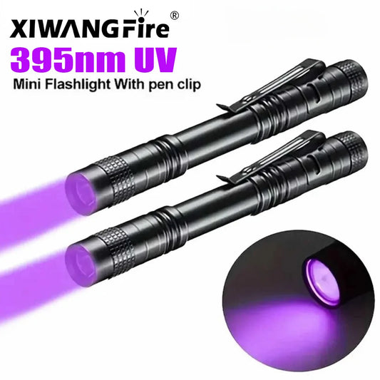 Linterna UV 395nm, antorcha ultravioleta con clip para bolígrafo, pilas AAA portátiles usadas, luz morada, detector de orina de mascotas y escorpiones, lámpara UV