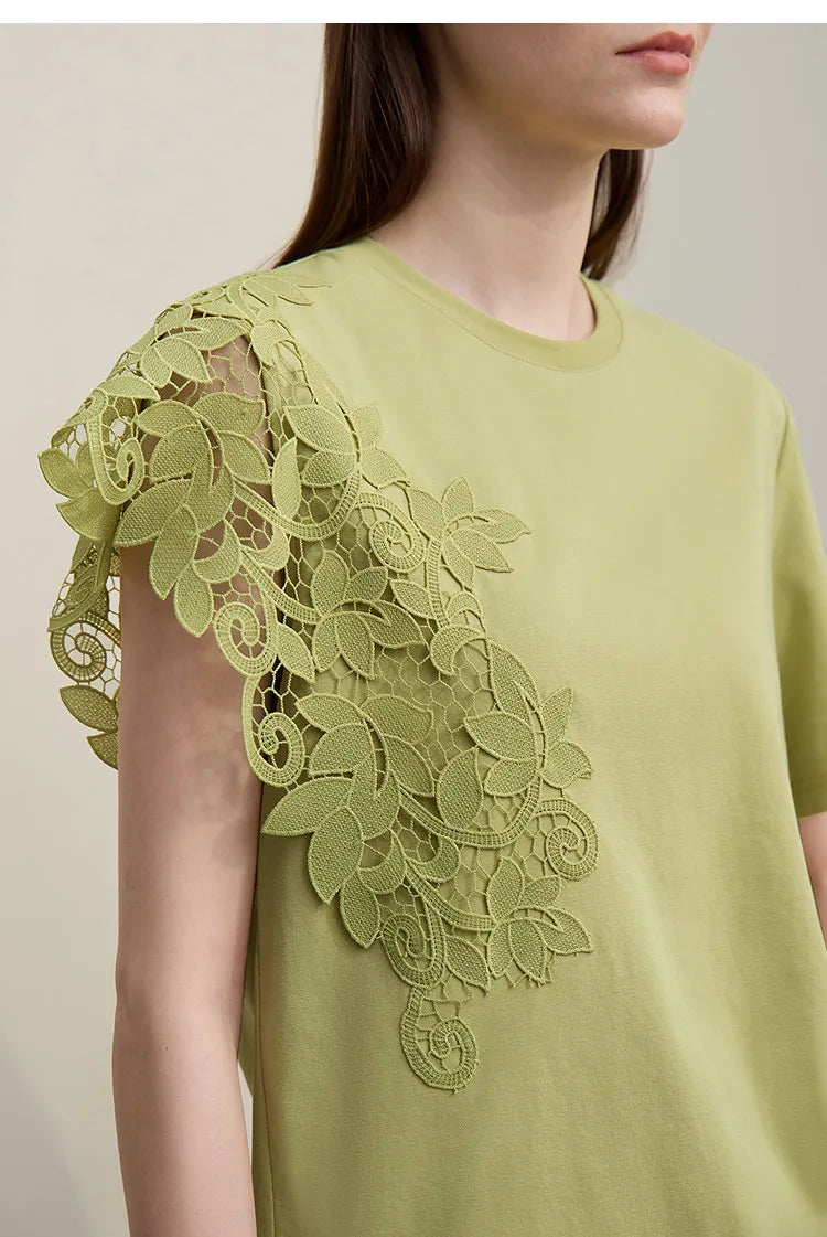 T-shirt femme 2026 été — col rond, coton, anti-transpiration, dentelle asymétrique, ample, manches courtes