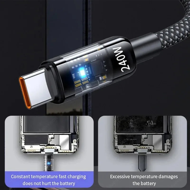 0,25/1/1,5/2M 240W Cable de datos de carga súper rápida USB C PD de nailon con pantalla digital LED, cables de datos de carga rápida USB a Tipo C