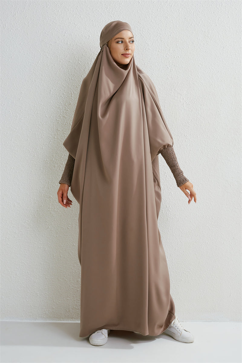 Abaya musulman à capuche manches smockées une pièce Robe de prière femmes Jilbab vêtements islamiques dubaï saoudien Robe noire modestie turque