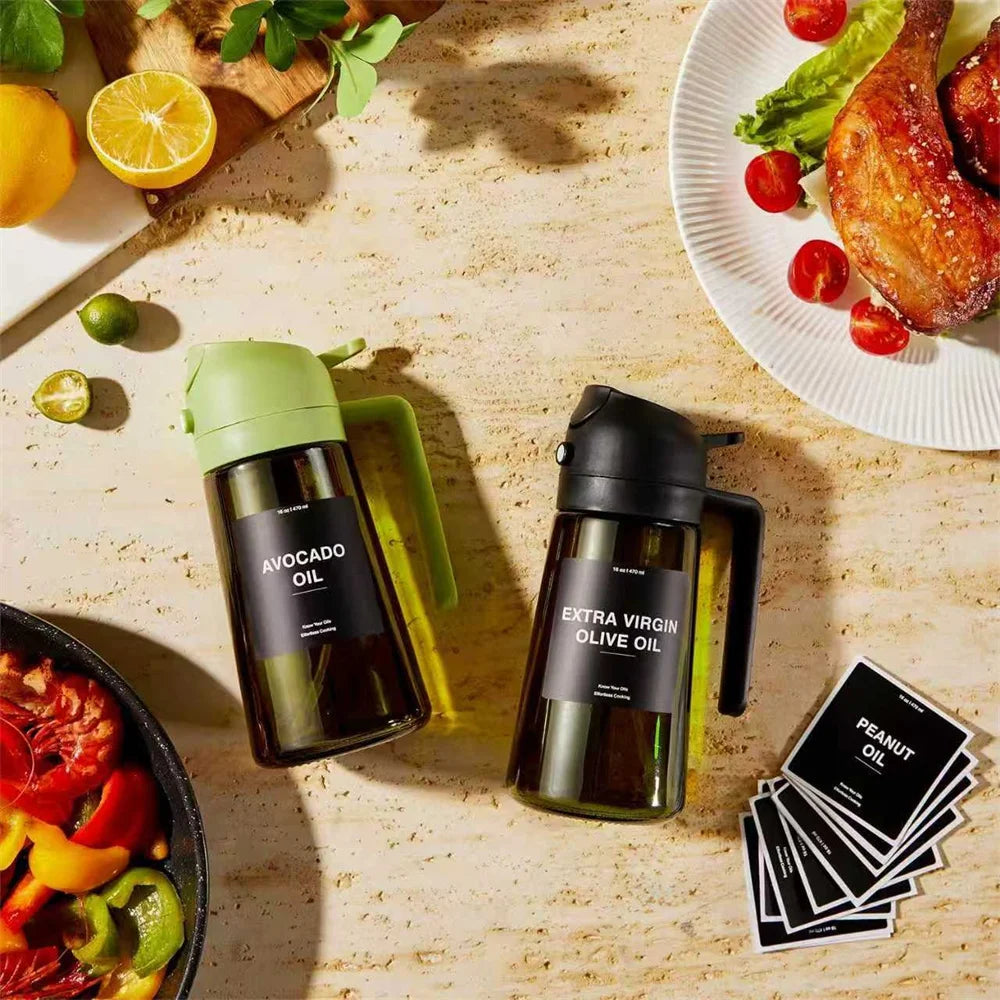 Pulvérisateur d'huile pour la cuisine de 470 ml, distributeur d'huile d'olive 2 en 1 et flacon pulvérisateur d'huile, vaporisateur d'huile avec autocollants, flacon pulvérisateur en verre épais