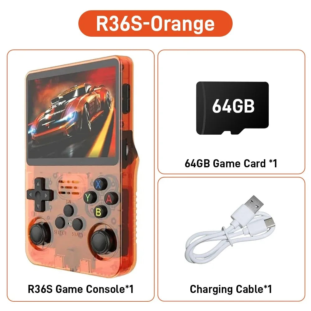 R36S ARKOS Consola de videojuegos portátil retro de 3,5 pulgadas IPS con múltiples colores disponibles, pantalla de reproductor portátil, 64GB de juegos