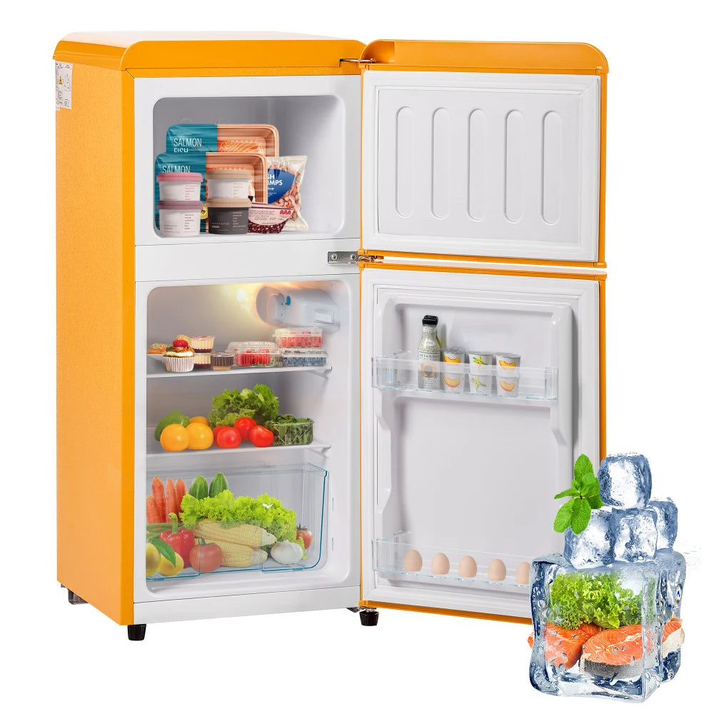 Combinaison réfrigérateur-congélateur rétro 45,5 cm de large, 2 portes 60 litres de volume total, volume de congélateur 22 litres. 102 KWh/année,
