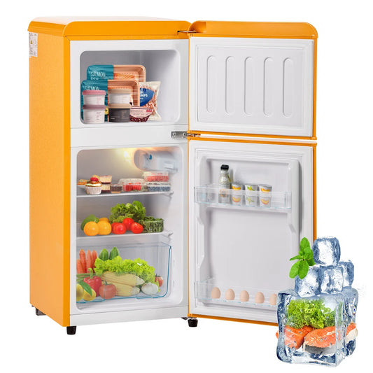 Combinaison réfrigérateur-congélateur rétro 45,5 cm de large, 2 portes 60 litres de volume total, volume de congélateur 22 litres. 102 KWh/année,