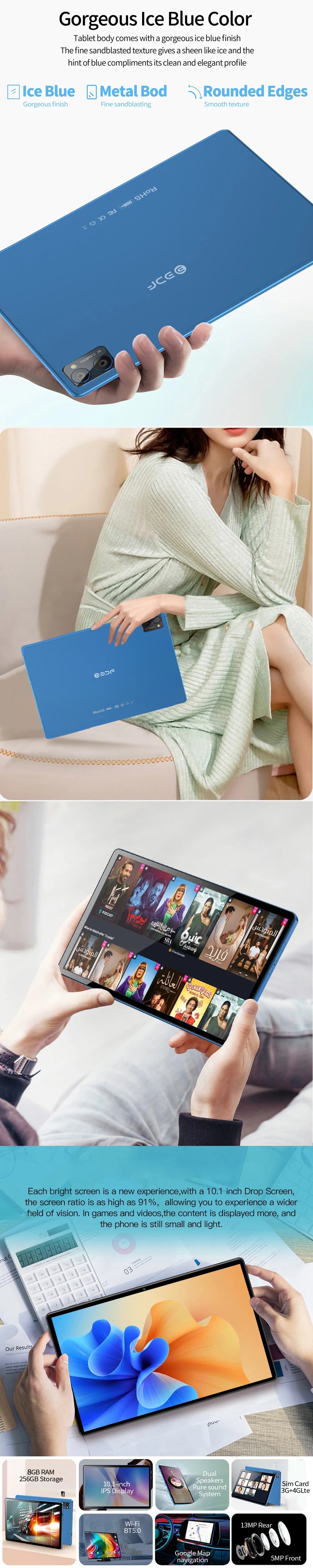Tablette 4G 10,1 pouces Android Octa Core — 8 Go RAM, 256 Go, WiFi 5G, double SIM, écran HD