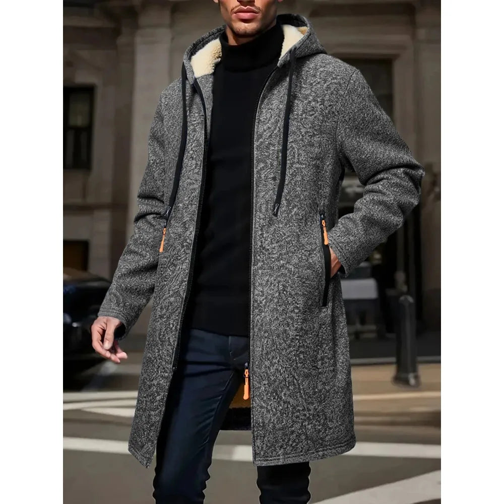 Manteau Long chaud d'hiver pour hommes, veste à fermeture éclair, coupe-vent en polaire épaisse, pardessus coupe-vent décontracté, couleur contrastée, veste à capuche