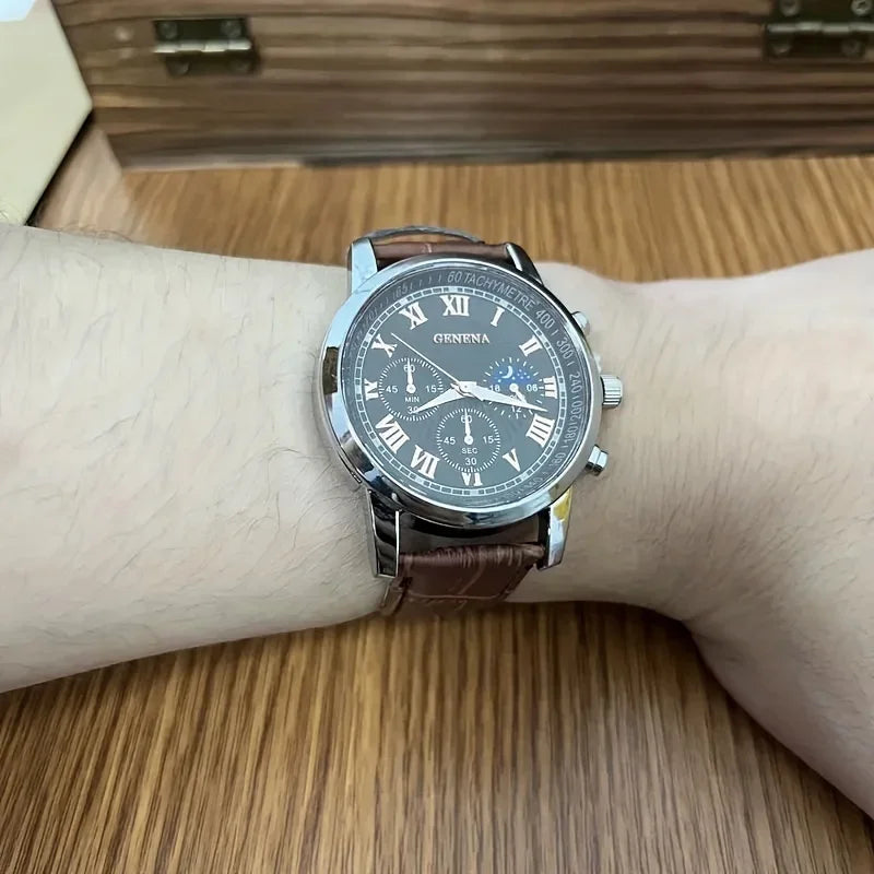 Relojes de negocios de lujo para hombre, correa de cuero, esfera redonda, analógico, de cuarzo, Reloj Hombre (sin caja)