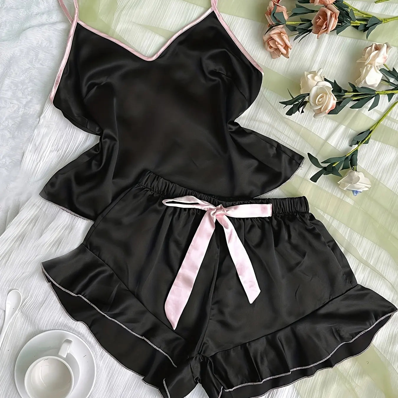 Women's Smooth Satin Pajamas, V-Neck T-Shirt, Ruffled Edges and Bow Shorts, Simple and Breathable Pajama Set, Strappy Homewear