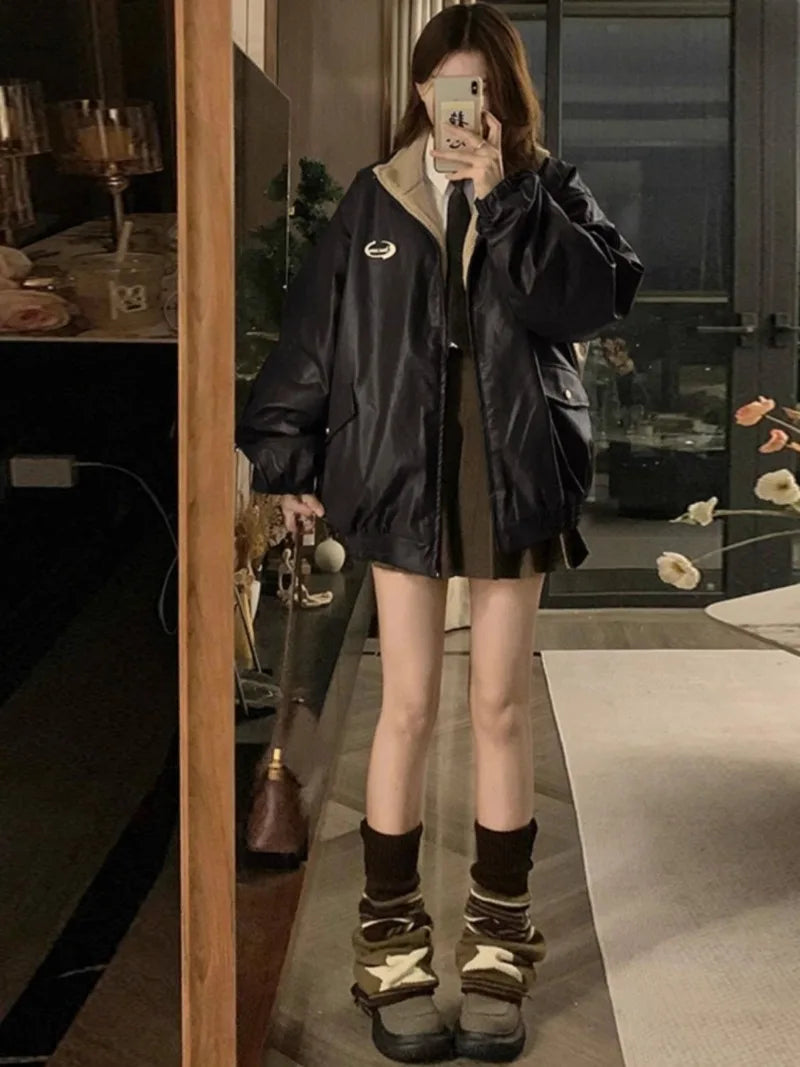 Maillard mode veste en cuir PU avec manteau en laine d'agneau des deux côtés femme Y2K hiver nouvelle Locomotive en velours veste rembourrée en coton