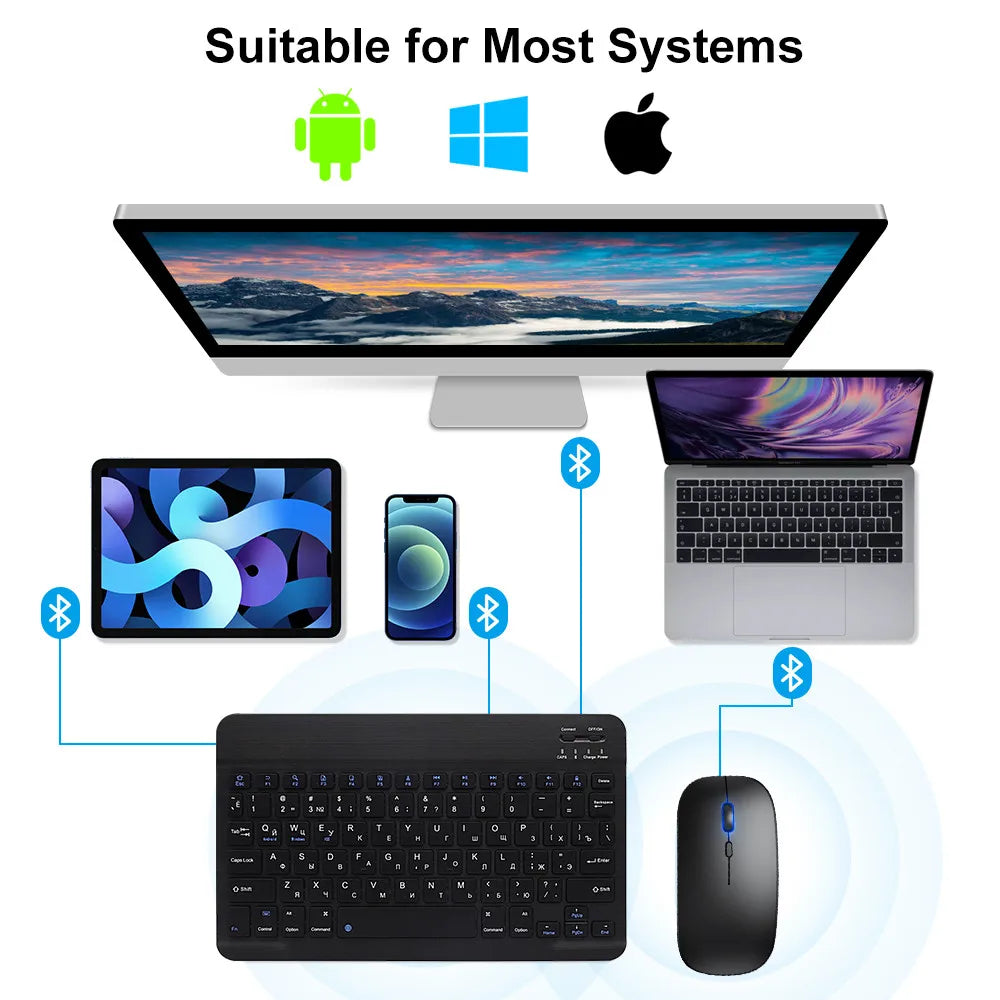 Wireless Bluetooth Keyboard and Mouse, for iOS, Android, Windows, Tablet, iPad Air Mini Pro, Spanish, Korean, Portuguese, Russian