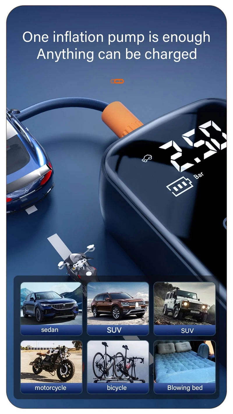 Compresseur d'air électrique sans fil pour voiture, pompe de gonflage pour moto, vélo, bateau, auto