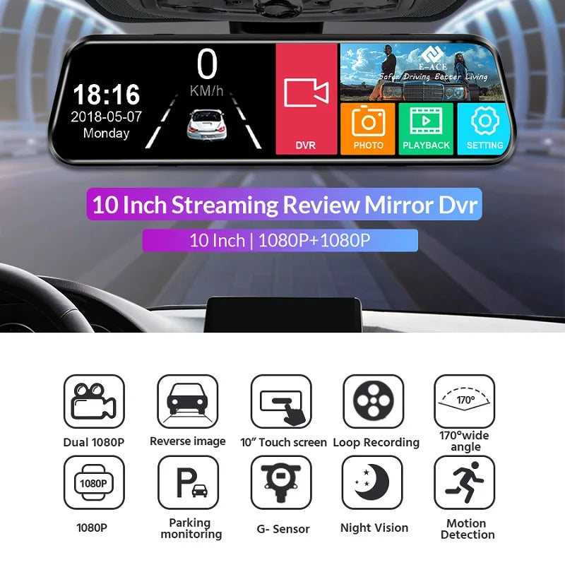 Dashcam Tactile 24H Parking — Double Objectif Avant Arrière Rétroviseur Boîte Noire