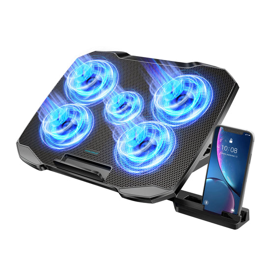 COOLCOLD Support de refroidissement pour ordinateur portable de 12 à 17 pouces, 5 ventilateurs silencieux, 5 angles réglables avec support pour téléphone
