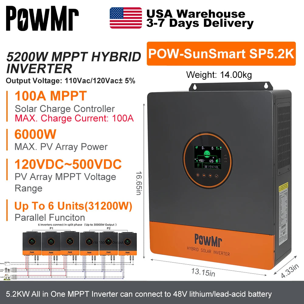 Onduleur solaire hybride 5,2 kW 48V — MPPT 100A, PV 500Vdc, sortie 110/220Vac, onde sinusoïdale pure
