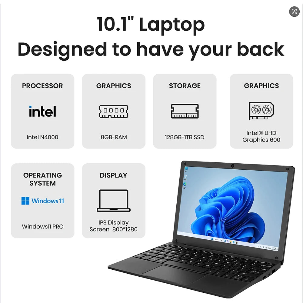 Portátil de 10,1 pulgadas con Windows 11 preinstalado, Quad Core, 8 GB + 128 GB, Netbook, HDMI, cámara web, oficina (negro)