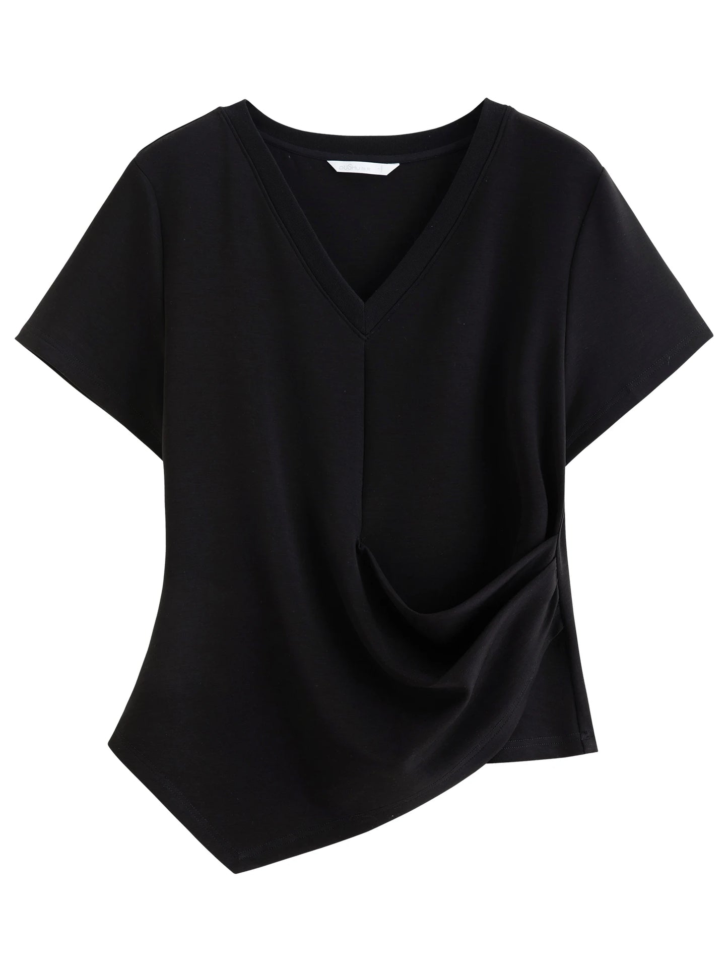 T-shirt femme asymétrique plissé — taille définie, printemps 2026, col en V, manches courtes