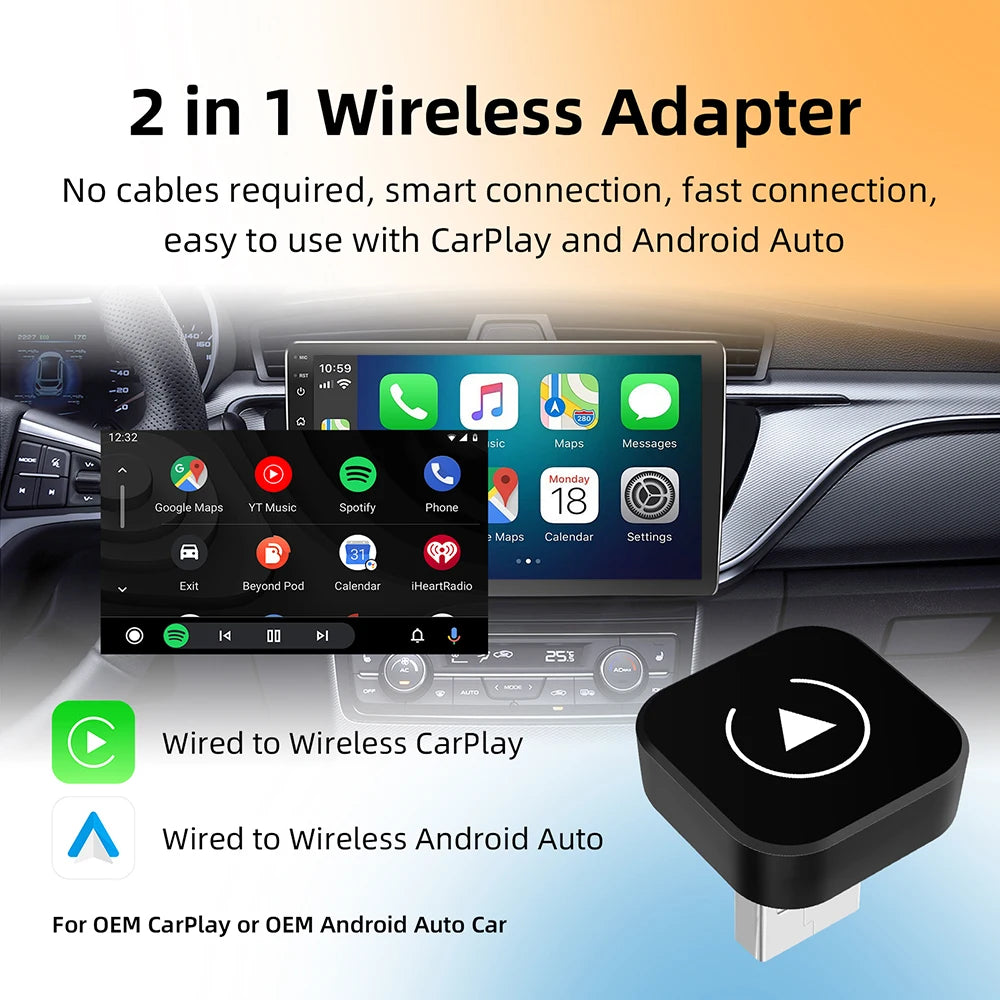Dongle sans fil 2 en 1 — adaptateur auto, boîte intelligente AI, systèmes de voiture filaire