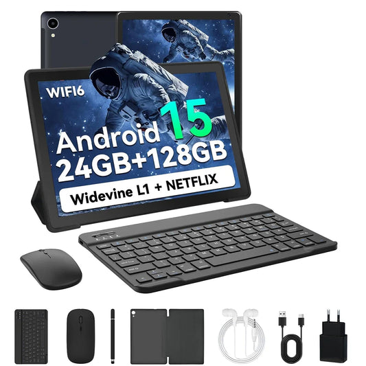 Tablette Android 15 10 pouces — 8 cœurs, 24 Go + 128 Go, extension 1 To, WiFi 6, stylet, clavier, souris