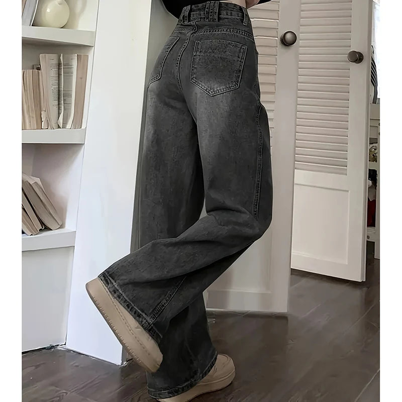 Women's high-waisted jeans, streetwear, designer, wide leg, classic grey, gothic, straight pants, fashion