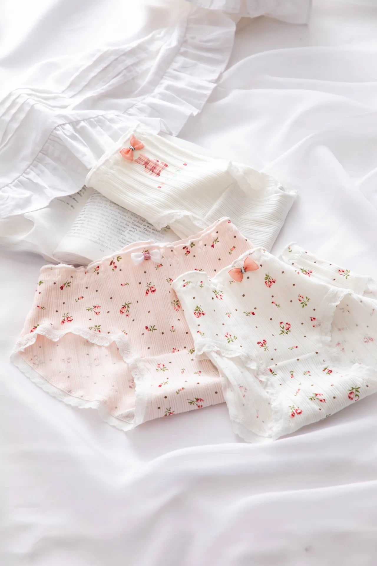 Culottes Coton Doux Nœud Dentelle Femme — Lot de 5 Pièces