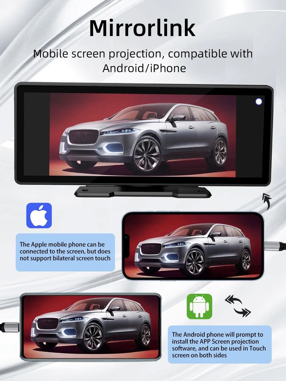 BQCC-Pantalla portátil inalámbrica Carplay, cámara trasera HD, autorradio DVR, reproductor de vídeo MP5, Android Auto, 10.26 pulgadas