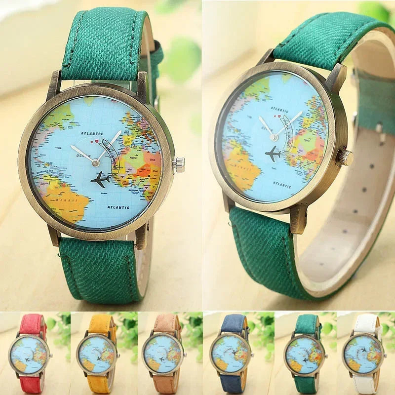 2022 World Fashion World Map Plane Denim Fabric Band Casual Men Women Quartz Watch Gift Clocks Relógio