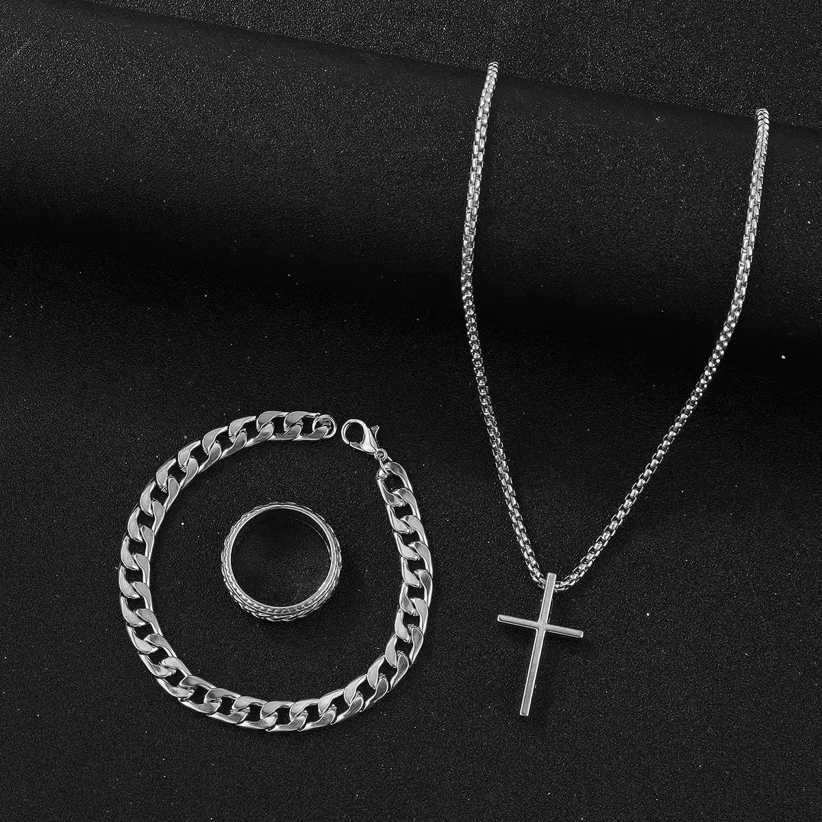 Best Seller New 3-Piece Cross Jewelry Set | Chain Bracelet Ring Necklace | Fashion Religious Accessories for Women and Men, Daily and Gift