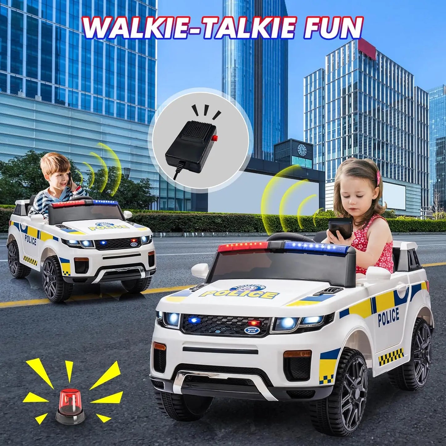Coche para niños, vehículo eléctrico de 4 ruedas con mando a distancia, megáfono, luces intermitentes, suspensión de muelles, música