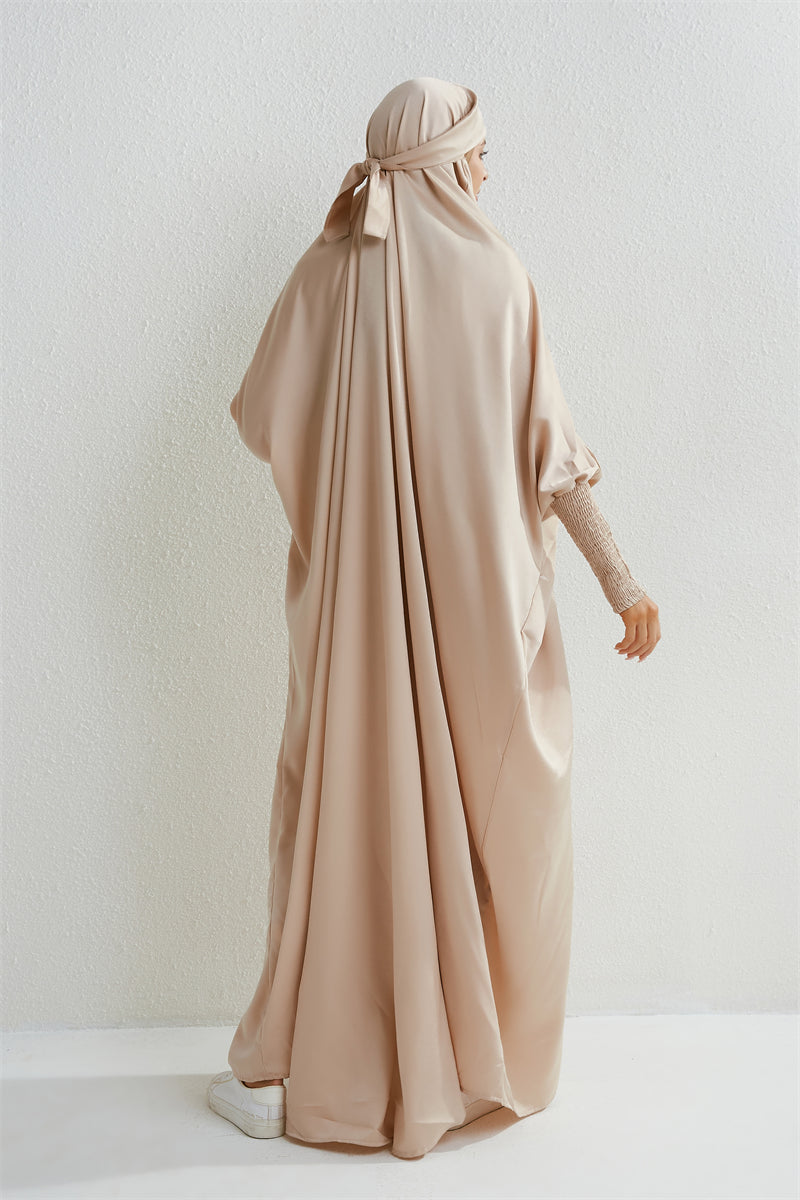 Abaya musulman à capuche manches smockées une pièce Robe de prière femmes Jilbab vêtements islamiques dubaï saoudien Robe noire modestie turque
