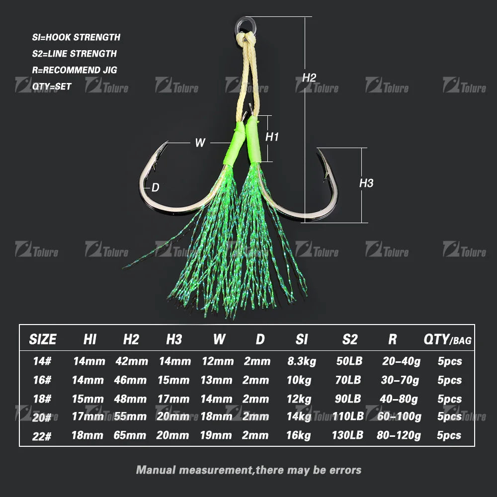 TOLU 10 pièces crochets d'assistance de queue de gabarit en métal 13-22 #   Avec ligne PE plume anneau solide gabarits uv hameçon pour 10-120g leurre crochets de pêche