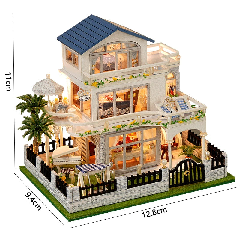 Casa de muñecas de madera, modelo de jardín, puzle 3D, kits de construcción para montar, juguetes, decoración de dormitorio con luces LED, regalo para casa de muñecas, bricolaje