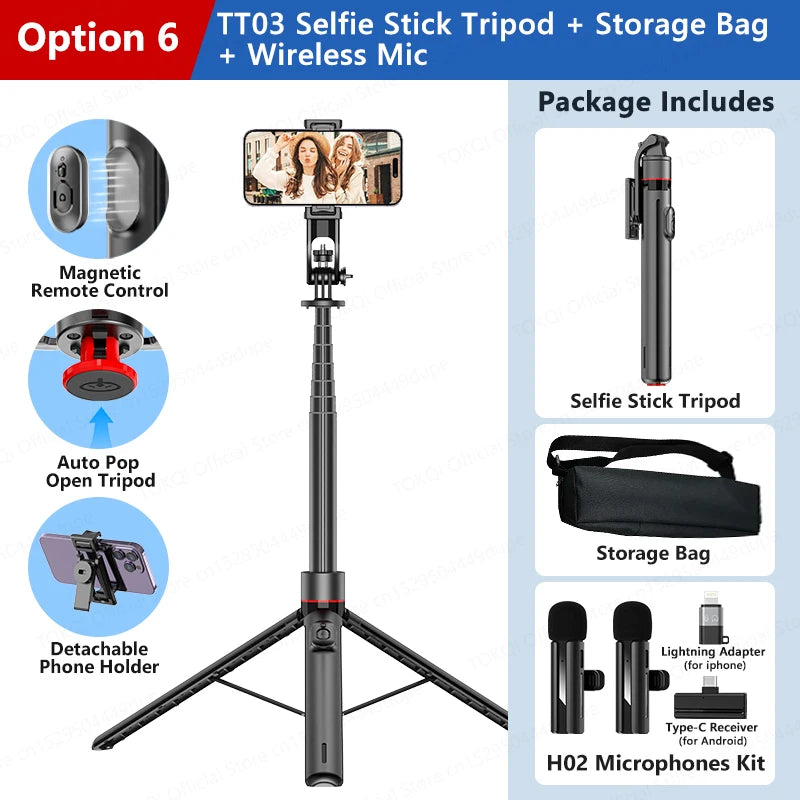 TOKQI TT03 — Perche à Selfie Extensible 1.76m Ouverture Auto Télécommande Magnétique