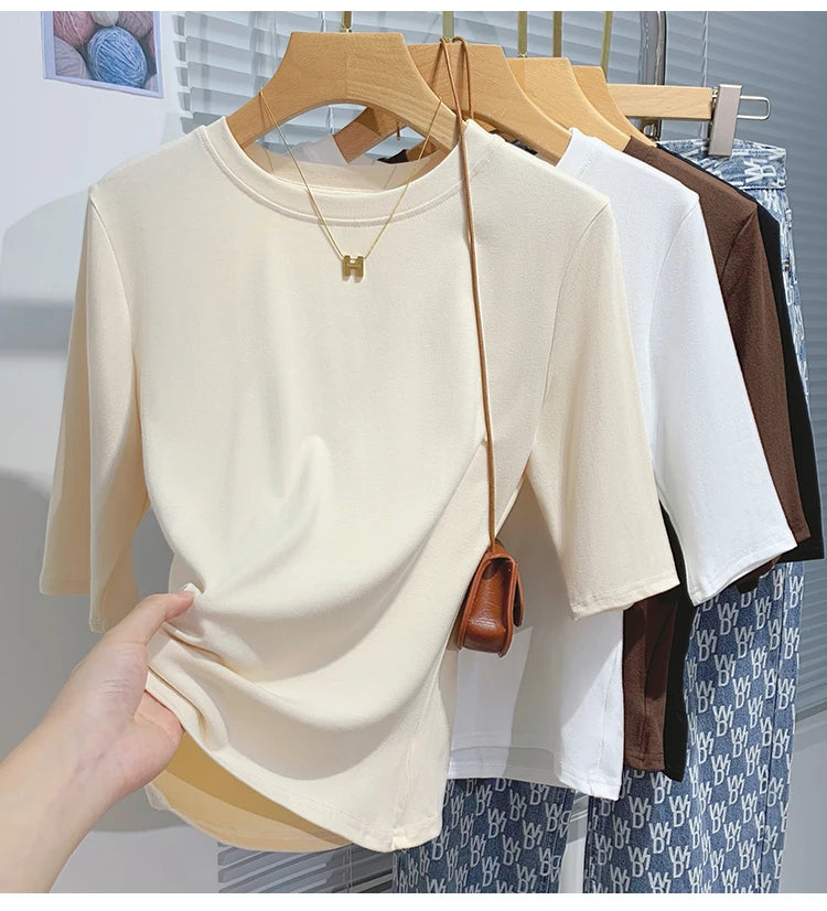 T-shirt femme 100% coton basique — col rond, tendance, uni, manches courtes, été 2026