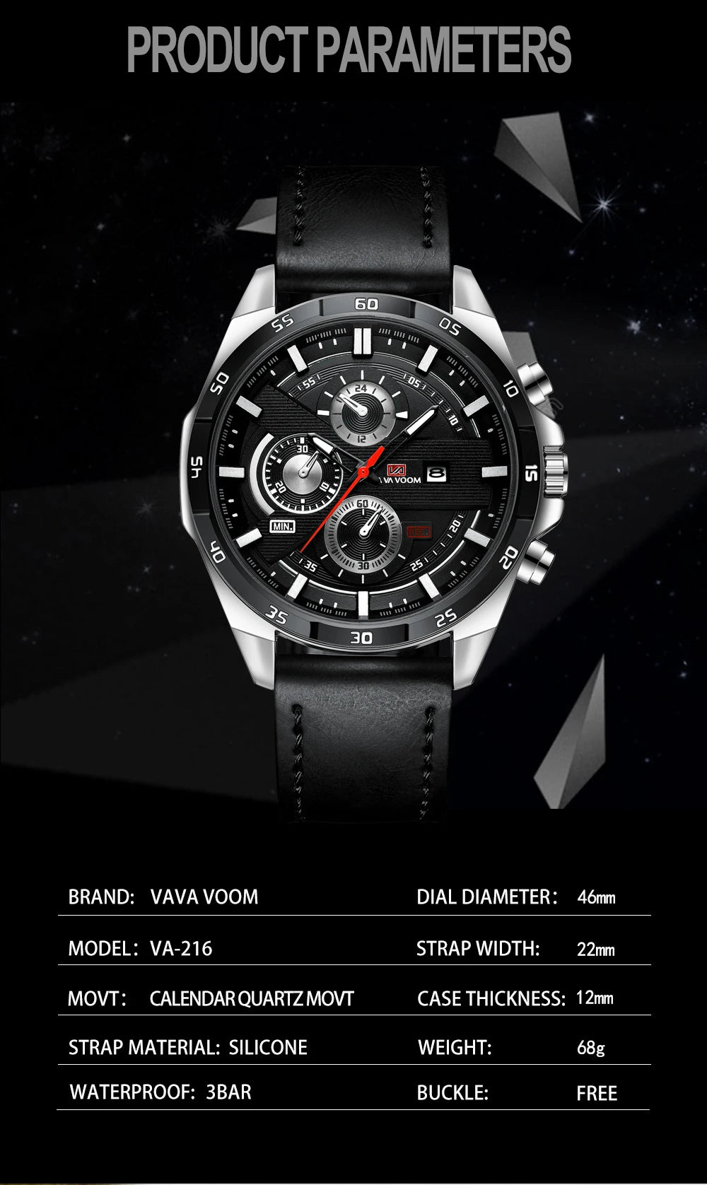 Montre à quartz en cuir pour homme, style sport, grand, décontracté, mode, original, noir, rose, or, calendrier, 46mm