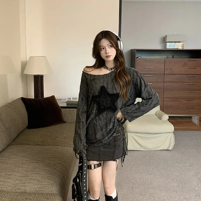 Liquidation_Harajuku trendy star hollow out long sleeve t-shirts Korean Kawaii Ropa Mujer casual Y2k t-shirt clothes