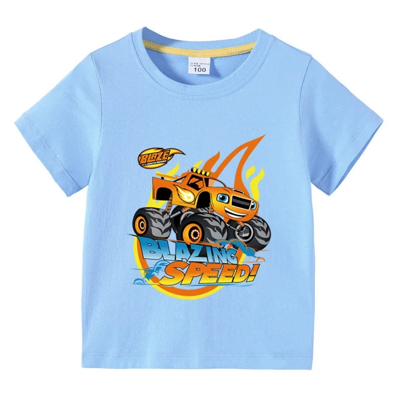 Kids' Short Sleeve Cotton T-shirt, Funny Cartoon Print, Blaze and the Monster Machines Series