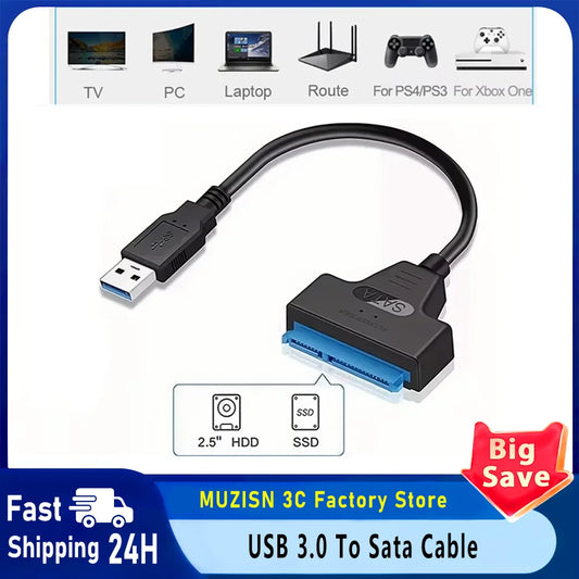 Câble SATA vers USB 3.0/2.0 jusqu'à 6 Gbps pour disque dur SSD externe 2.5 pouces, adaptateur SATA 3 22 broches, cordon USB 3.0 vers Sata III