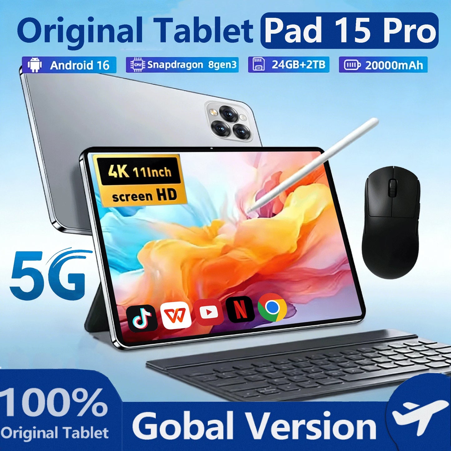 Nueva tableta PC original 2026 Pad 15 Pro Android 16 24 GB + 2 TB 20000 mAh 5G Dual SIM Llamada telefónica Wi-Fi GPS HD 4K Mini PC